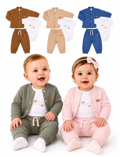 Conjunto 3 piezas (Saquito, babucha y body con estampa). GAMISE