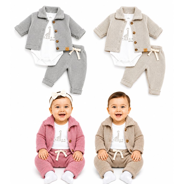 CONJUNTO DE CHENILLE 3 PIEZAS, SAQUITO CON BOTON, BABUCHA Y BODY. GAMISE