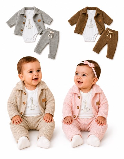 CONJUNTO DE CHENILLE 3 PIEZAS, SAQUITO CON BOTON, BABUCHA Y BODY. GAMISE