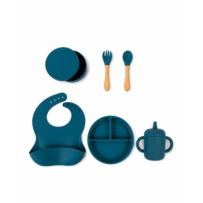 SET COMPLETO DE ALIMENTACIÓN EN CAJ ADE REGALO. 5 PIEZAS LISO. PLATO, CUBIERTOS, TUPPER, VASO Y BABERO