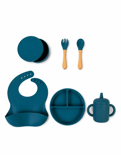 SET COMPLETO DE ALIMENTACIÓN. 5 PIEZAS LISO. PLATO, CUBIERTOS, TUPPER, VASO Y BABERO