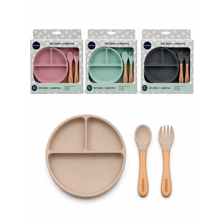 EN CAJA SET SILICONA:  PLATO + CUBIERTO