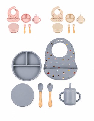SET COMPLETO DE ALIMENTACIÓN. 5 PIEZAS ESTRAMPADO. PLATO, CUBIERTOS, TUPPER, VASO Y BABERO