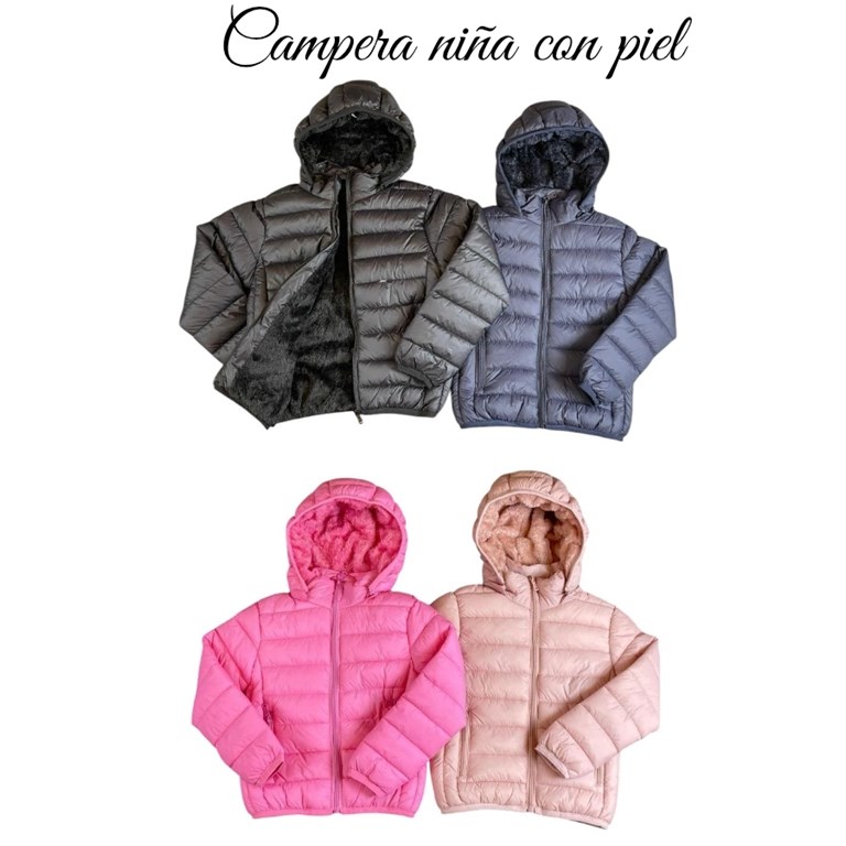 Campera con piel y capucha desmontable con piel. Colores: Negro, Fuscia, Rosa, Azul