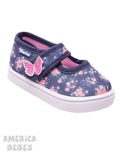 A198 AZUL GUILLERMINA ESTAMPADA PARA BEBA CON ABROJO Y APLIQUE MARIPOSA HEYDAY
