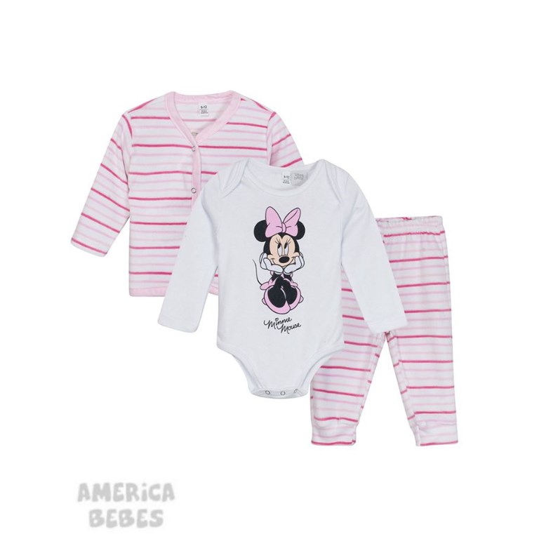 SET BODY INTERLOCK BEBA MINNIE CON PANTALON Y CAMPERA PLUSH EN CAJA DISNEY