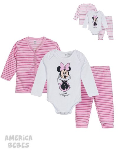 SET BODY INTERLOCK BEBA MINNIE CON PANTALON Y CAMPERA PLUSH EN CAJA DISNEY