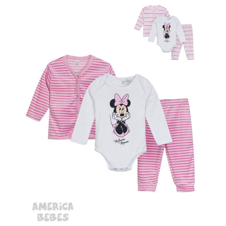 SET BODY INTERLOCK BEBA MINNIE CON PANTALON Y CAMPERA PLUSH EN CAJA DISNEY