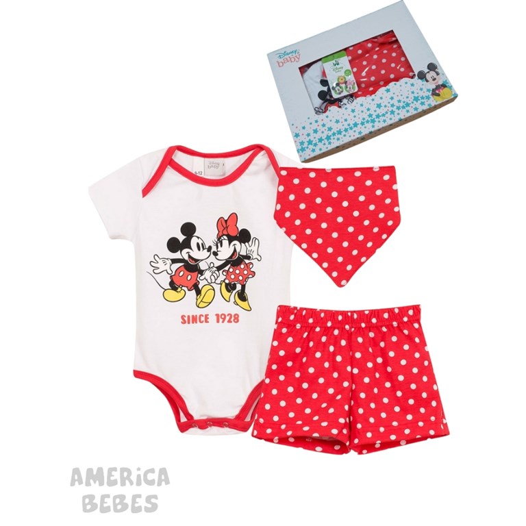 SET AJUAR 3 PIEZAS EN CAJA MINNIE Y MICKEY CONTIENE BODY MANGA CORTA SHORT A LUNARES Y BANDANA DISNEY