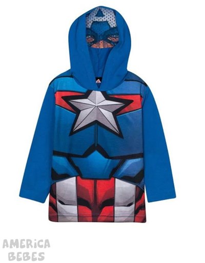REMERA MANGA LARGA KERSEY PARA NIÑO ESTAMPADA CAPITAN AMERICA CON CAPUCHA MASCARA DISNEY