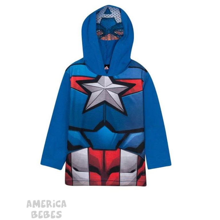 REMERA MANGA LARGA KERSEY PARA NIÑO ESTAMPADA CAPITAN AMERICA CON CAPUCHA MASCARA DISNEY