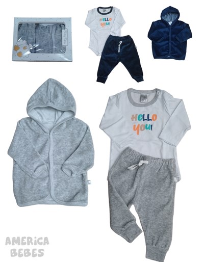 SET 3 PIEZAS PLUSH: BODY + CARDIGAN + PANTALON BABY SKYN