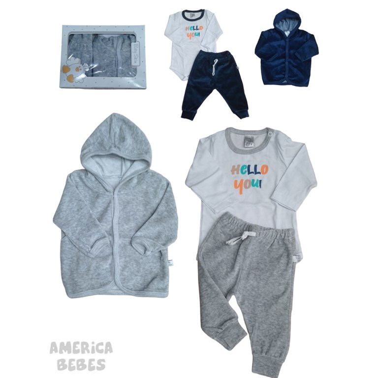 SET 3 PIEZAS PLUSH: BODY + CARDIGAN + PANTALON BABY SKYN