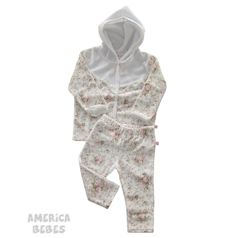 CONJUNTO PLUSH NENA ESTAMPADO SAQUITO CON CAPUCHA + PANTALON BABY SKIN