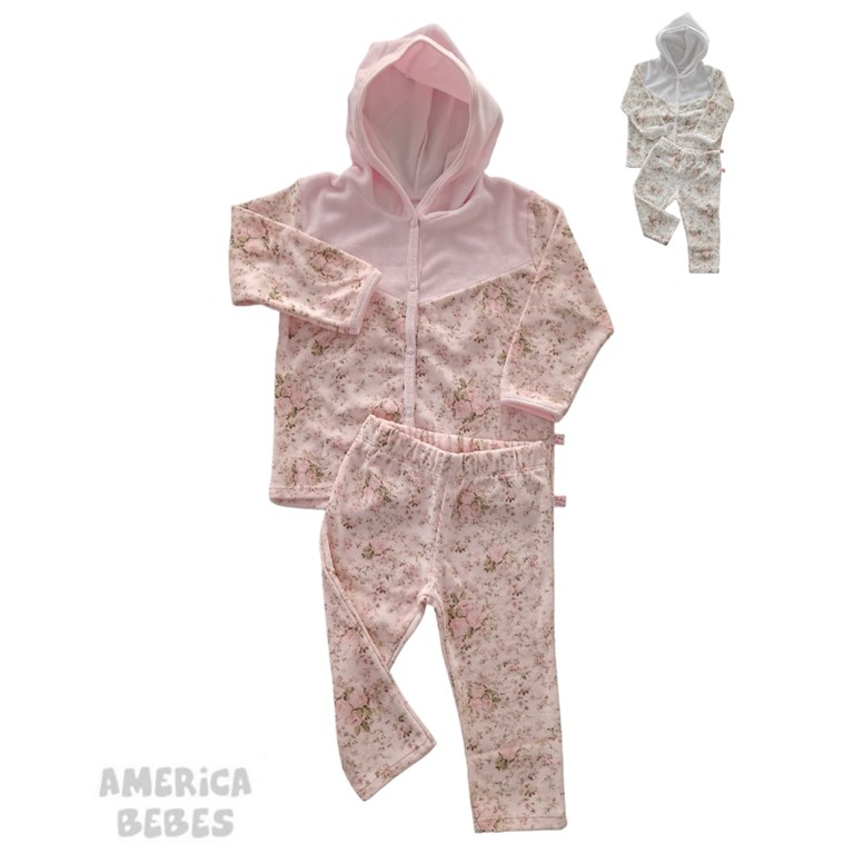 CONJUNTO PLUSH NENA ESTAMPADO SAQUITO CON CAPUCHA + PANTALON BABY SKIN