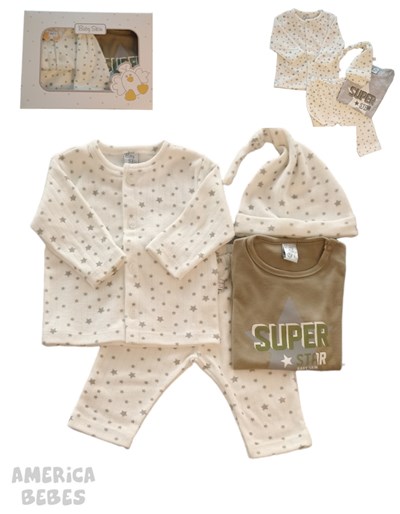 SET AJUAR 4 PIEZAS BEBE: SAQUITO, BODY, PANTALON, GORRITO BABY SKIN