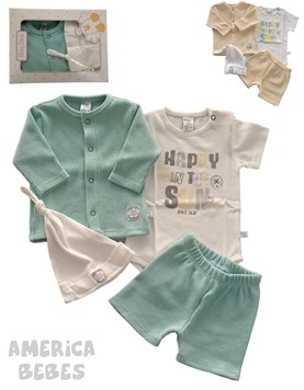 SET AJUAR 4 PIEZAS PARA BEBES CONTIENE SAQUITO BODY MANGA CORTA SHORT Y GORRITO BABY SKIN