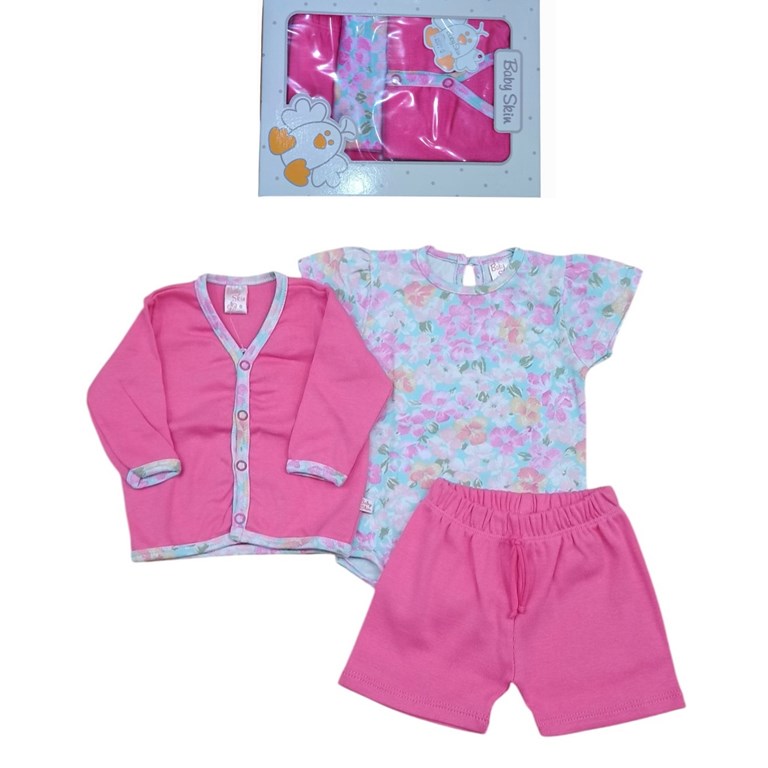 Set de 3 piezas cardigan body estampado y short.Baby skin