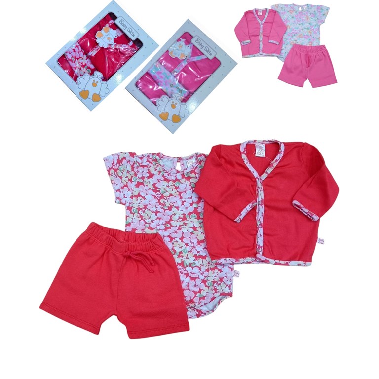 Set de 3 piezas cardigan body estampado y short.Baby skin