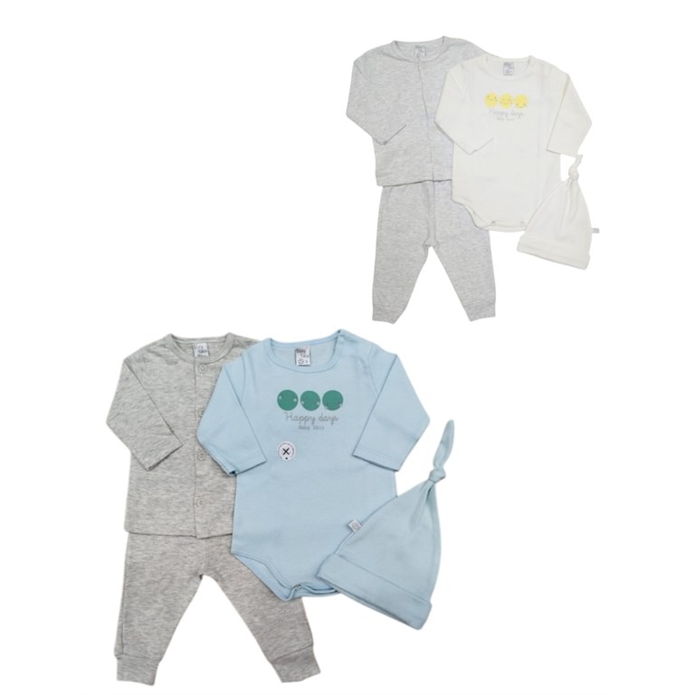 SET DE 4 PIEZAS EN ALGODON SAQUITO BODY Y PANTALON BABY SKIN