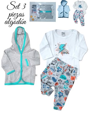 SET 3 PZS ALGODÓN MANGA LARGA CARDIGAN CON CAPUCHA, BODY Y PANTALÓN. BABY SKIN