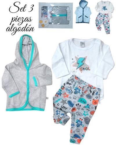 SET 3 PZS ALGODÓN MANGA LARGA CARDIGAN CON CAPUCHA, BODY Y PANTALÓN. BABY SKIN