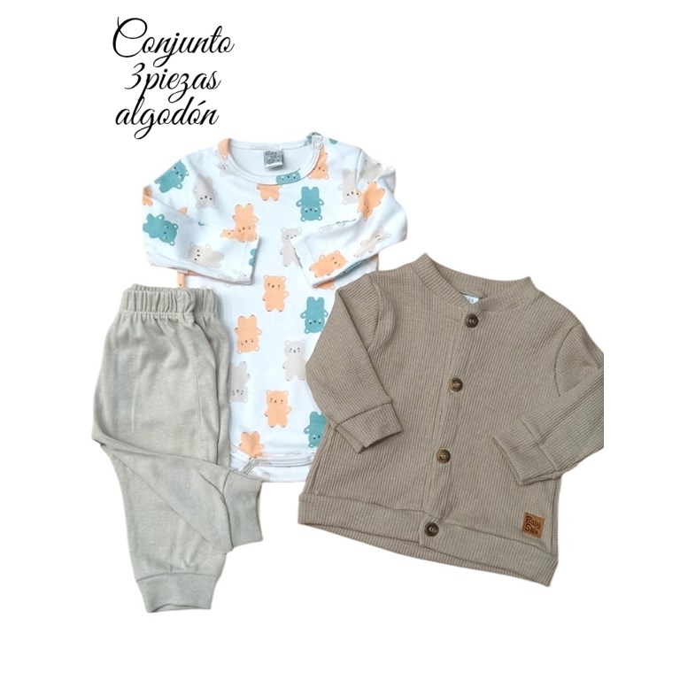 CONJUNTO 3PZS ALGODÓN DIF. SAQUITO, BODY Y PANTALÓN. BABY SKIN