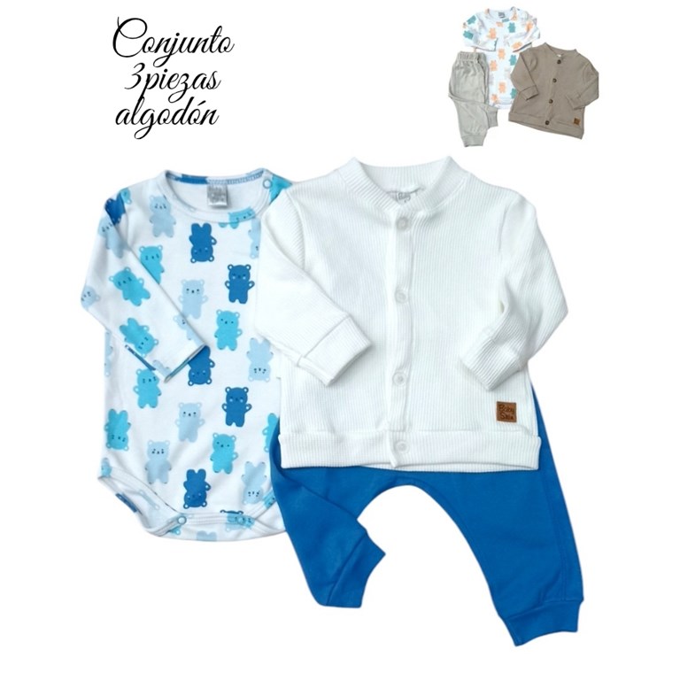 CONJUNTO 3PZS ALGODÓN DIF. SAQUITO, BODY Y PANTALÓN. BABY SKIN