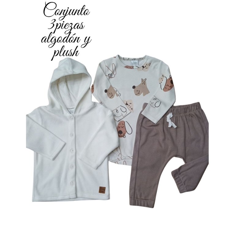 CONJUNTO 3PZS PLUSH SAQUITO CON CAPUCHA, BODY Y PANTALÓN. BABY SKIN