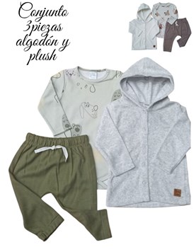 CONJUNTO 3PZS PLUSH SAQUITO CON CAPUCHA, BODY Y PANTALÓN. BABY SKIN