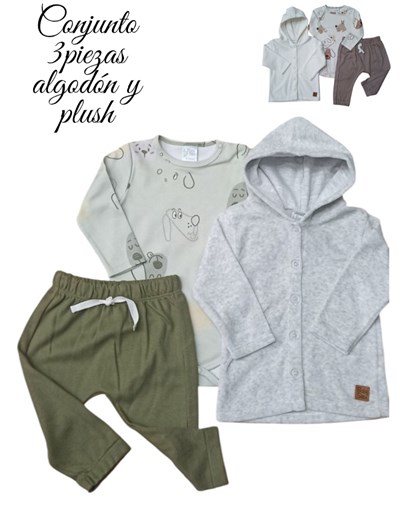 CONJUNTO 3PZS PLUSH SAQUITO CON CAPUCHA, BODY Y PANTALÓN. BABY SKIN