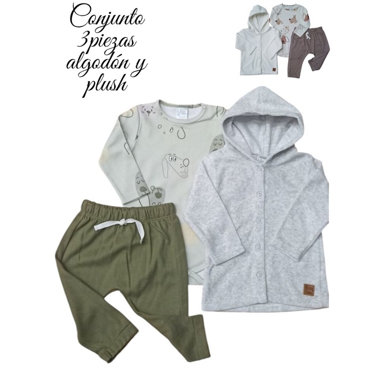 CONJUNTO 3PZS PLUSH SAQUITO CON CAPUCHA, BODY Y PANTALÓN. BABY SKIN
