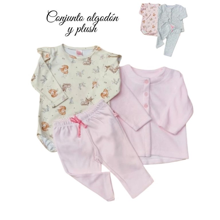 CONJUNTO 3 PZS PLUSH SAQUITO, BODY Y PANTALÓN. BABY SKIN