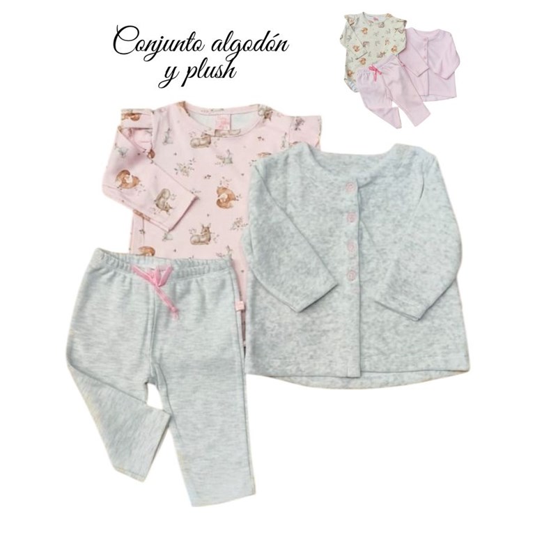 CONJUNTO 3 PZS PLUSH SAQUITO, BODY Y PANTALÓN. BABY SKIN