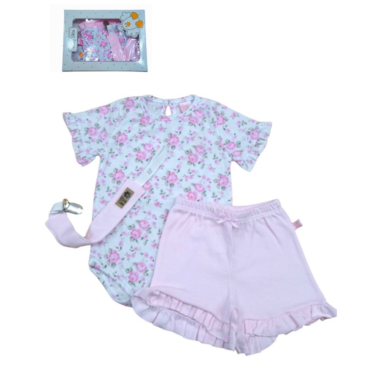 Set de 3 piezas para beba con bodyshort y portachupete.Baby skin