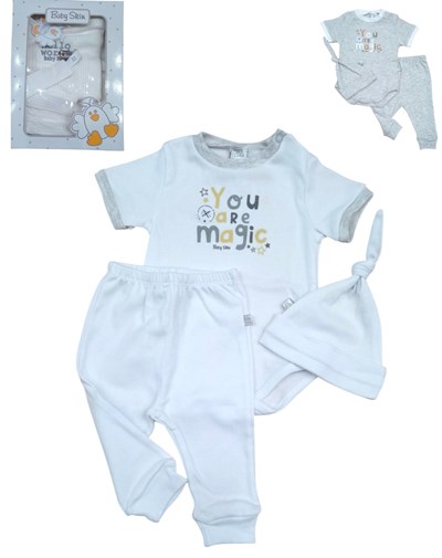 Set 3 piezas unisex de body mas pantalon y gorro.Baby skin