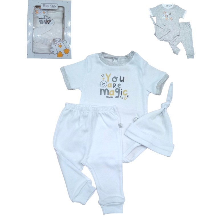 Set 3 piezas unisex de body mas pantalon y gorro.Baby skin