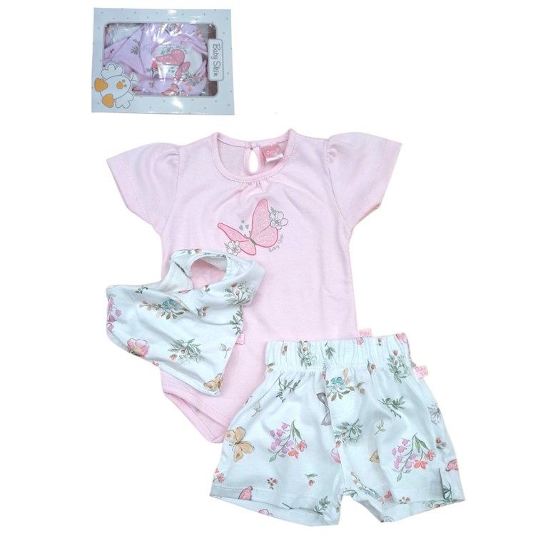 Set 3 piezas beba body short y babero.Baby skin