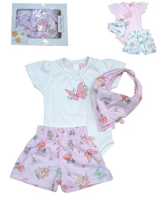 Set 3 piezas beba body short y babero.Baby skin
