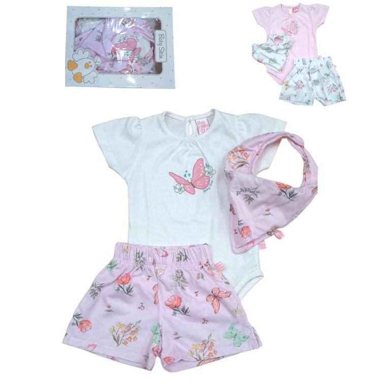 Set 3 piezas beba body short y babero.Baby skin