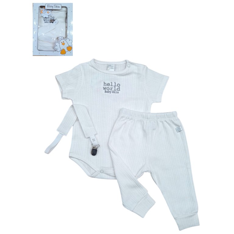 Set de 3 piezas unisex body pantalon y portachupete.Baby skin