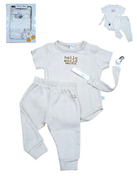 Set de 3 piezas unisex body pantalon y portachupete.Baby skin