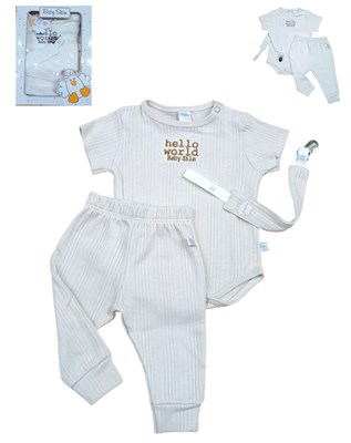 Set de 3 piezas unisex body pantalon y portachupete.Baby skin