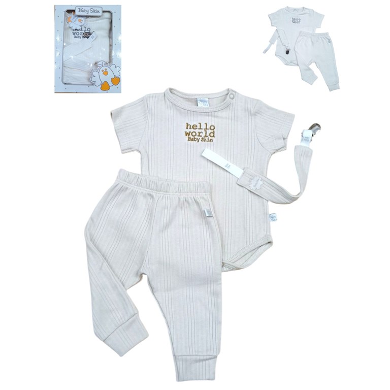 Set de 3 piezas unisex body pantalon y portachupete.Baby skin