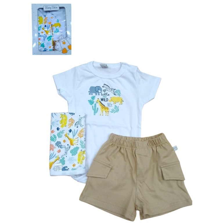 Set de 3 piezas body short y babita.Baby skin