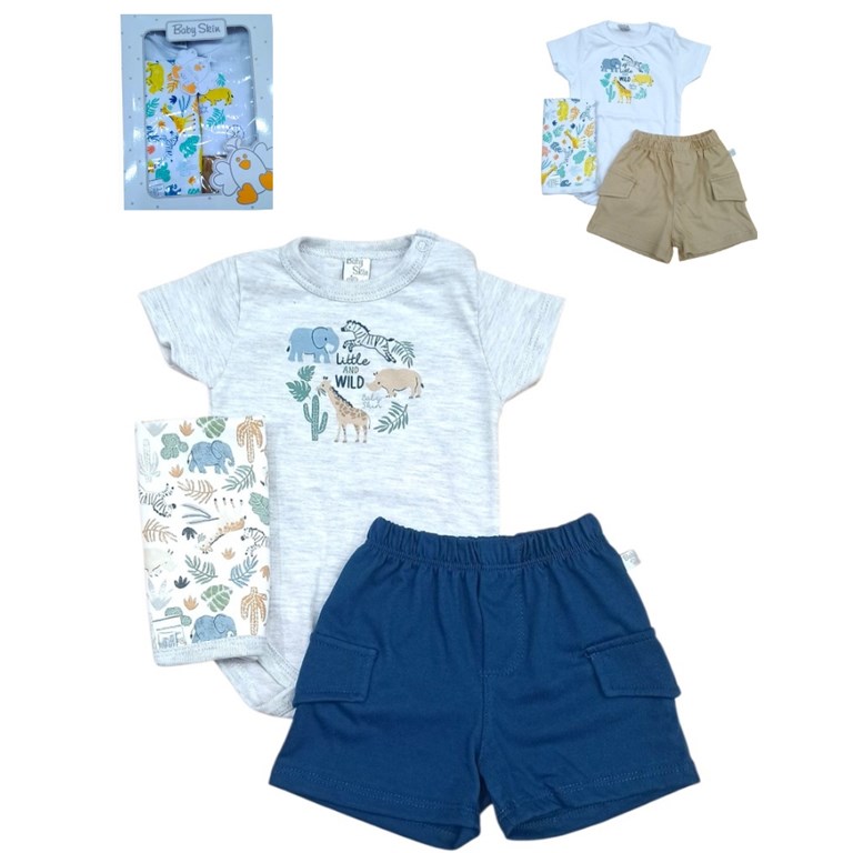Set de 3 piezas body short y babita.Baby skin