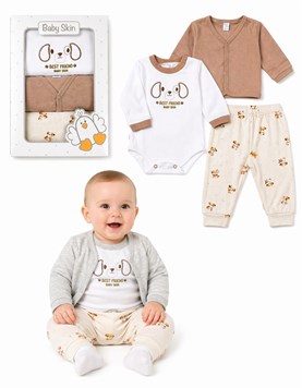 Set 3 piezas algodon cardigan body y pantalon.Baby skin
