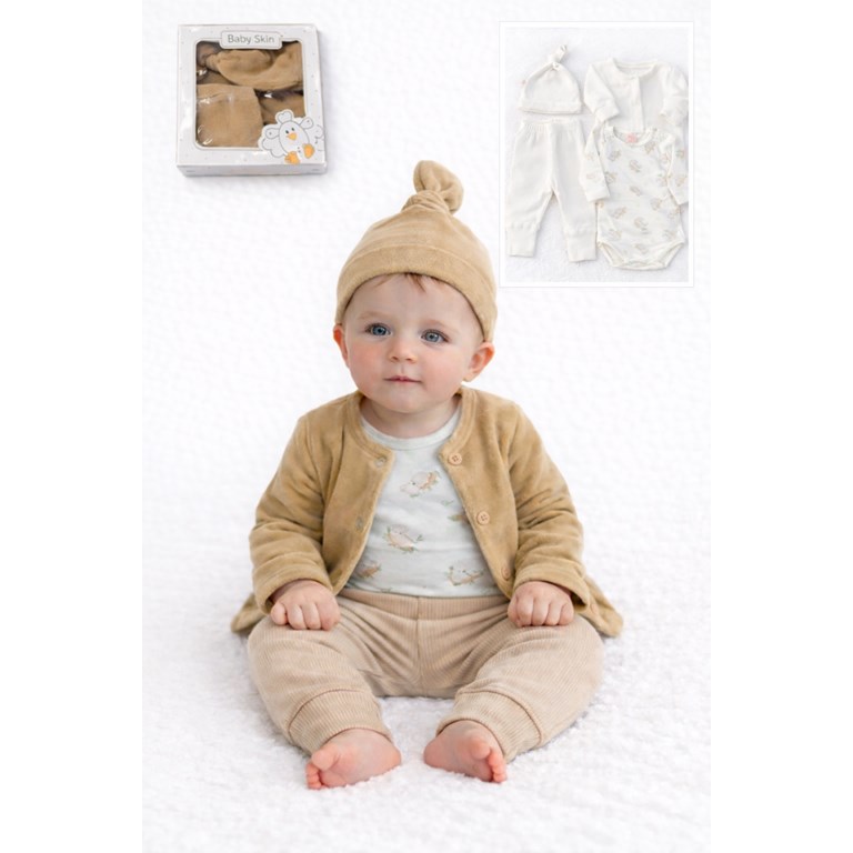 Set de 4piezas plush saquito,body,pantalon, gorrito.Baby skin