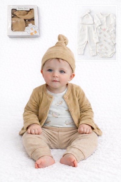 Set de 4piezas plush saquito,body,pantalon, gorrito.Baby skin
