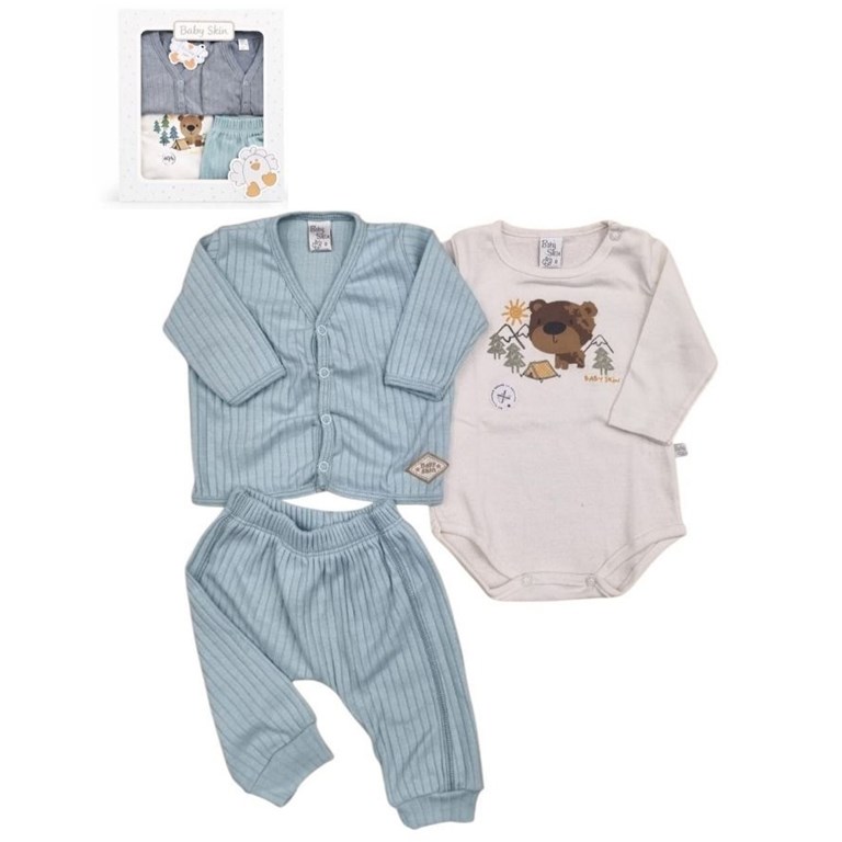 Set de 3 piezas en algodon cardigan body y pantalon.Baby skin